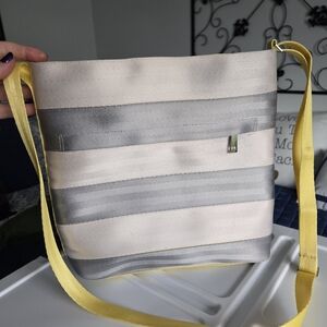 Striped Gray and Cream Crossbody Bag with Yellow Strap